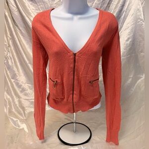 Stylish Coral V-Neck Zip Front Sweater